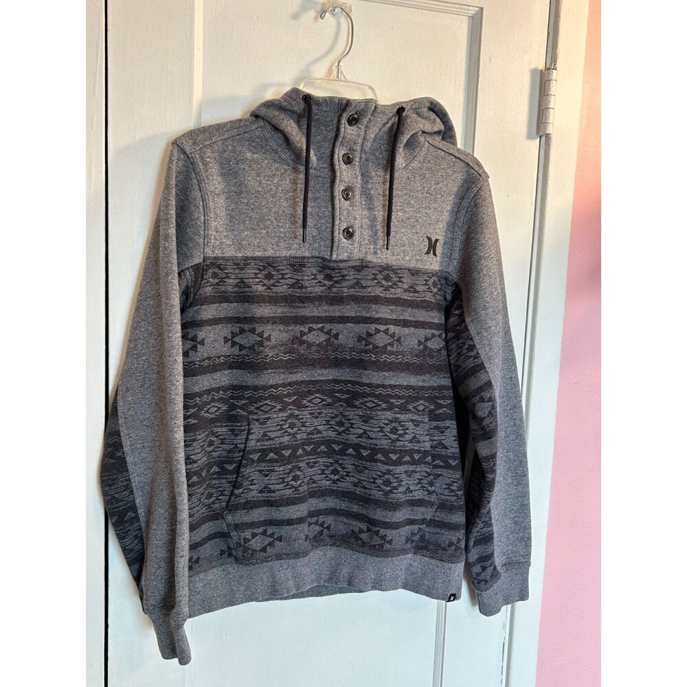 Hurley Gray Aztec Design Buttoned Hooded Sweatshirt Sz S Men